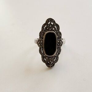 NWOT BLACK Gem, 925 Sterling Silver, Marcasite, Filigree Ring, Size 8